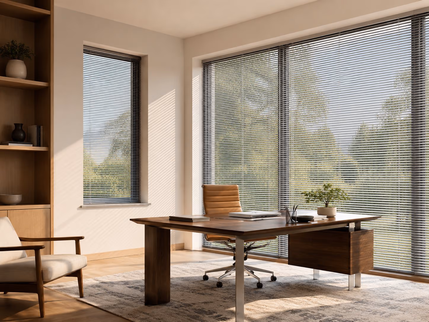 Sleek aluminum mini-blinds in a bright Sonoma County home — Alta Aluminum Blinds installed by Discount Best Blinds of Santa Rosa, CA.