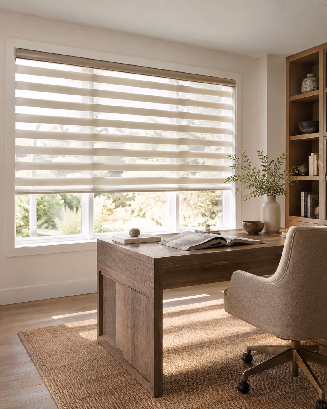 Banded zebra dual shades with alternating sheer and solid bands in a bright Sonoma County home — Alta Dual Shades installed by Discount Best Blinds of Santa Rosa, CA.