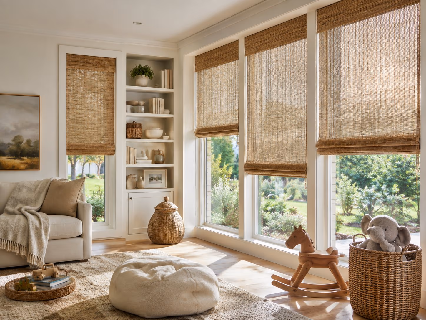 Natural woven wood shades in a bamboo and grass weave in a bright Sonoma County home — Alta Natural Wovens installed by Discount Best Blinds of Santa Rosa, CA.