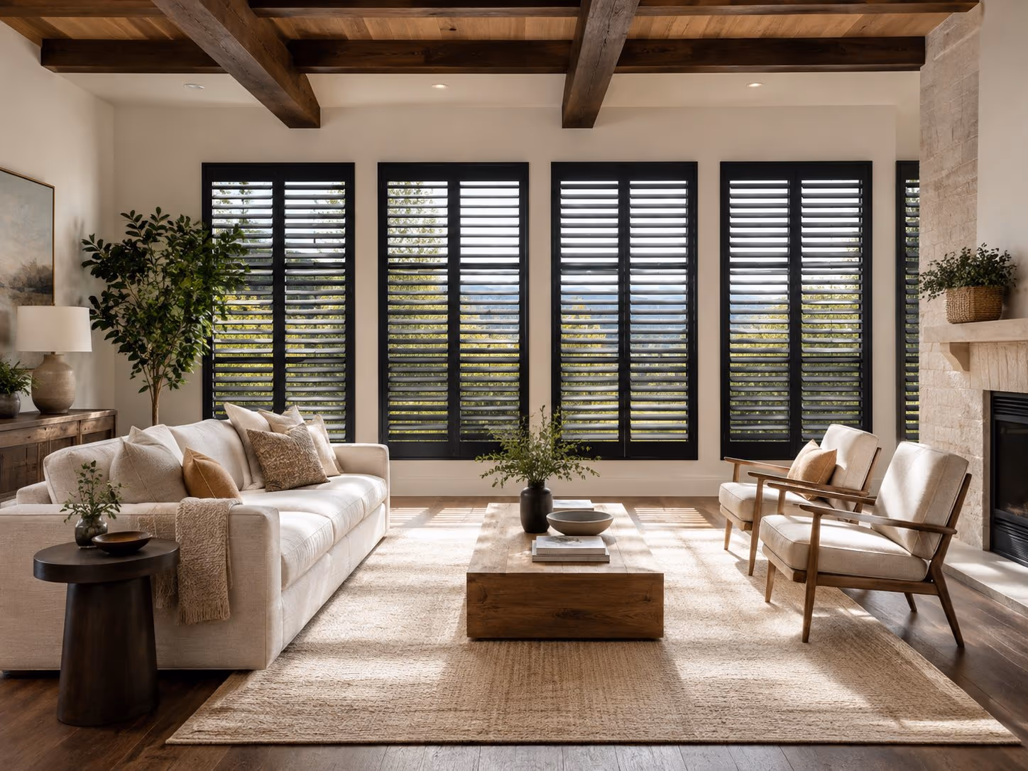 Custom louvered shutters in an L-frame in a bright Sonoma County home — Alta Shutters installed by Discount Best Blinds of Santa Rosa, CA.