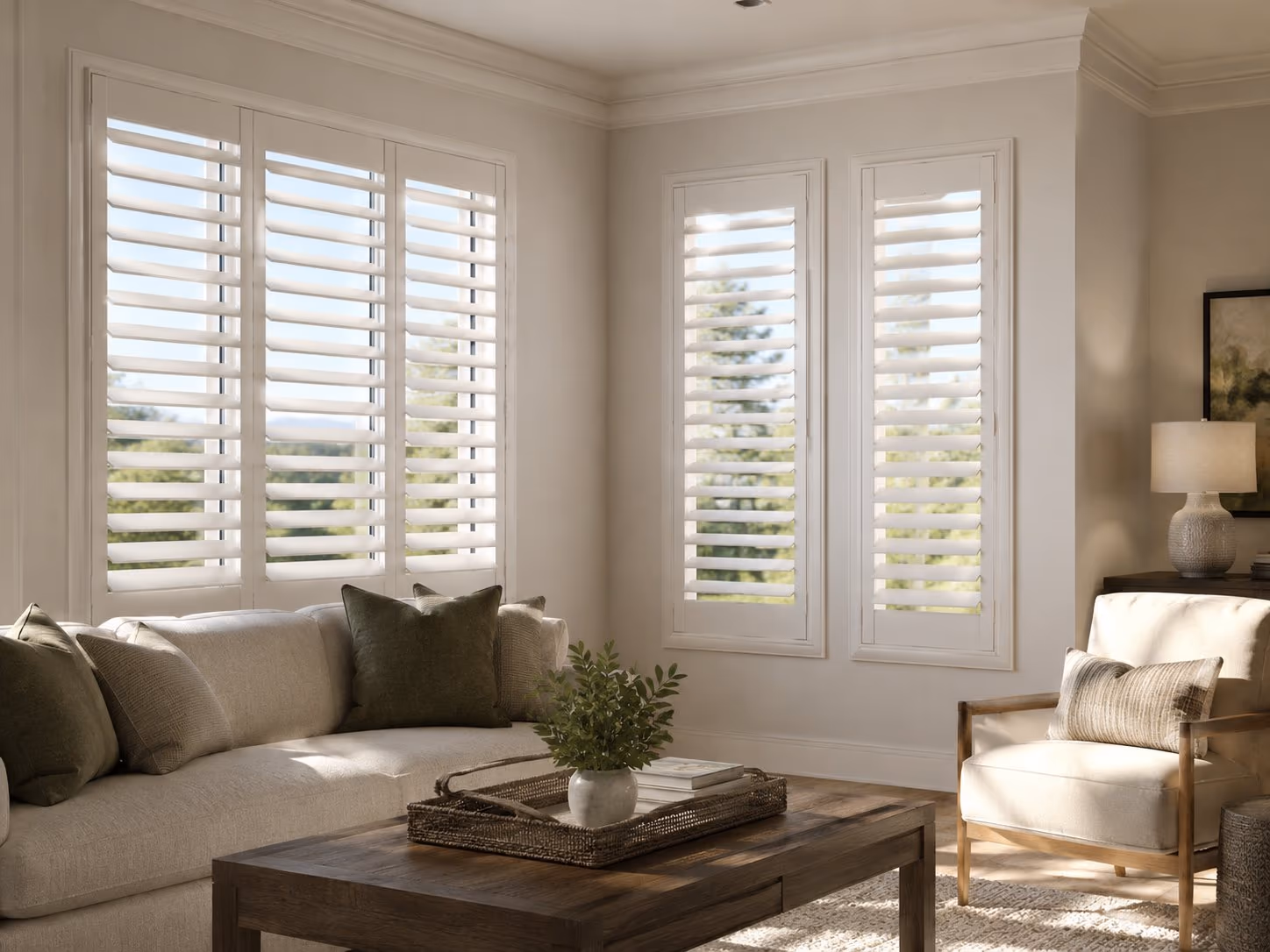 Custom louvered shutters in an L-frame in a bright Sonoma County home — Alta Shutters installed by Discount Best Blinds of Santa Rosa, CA.