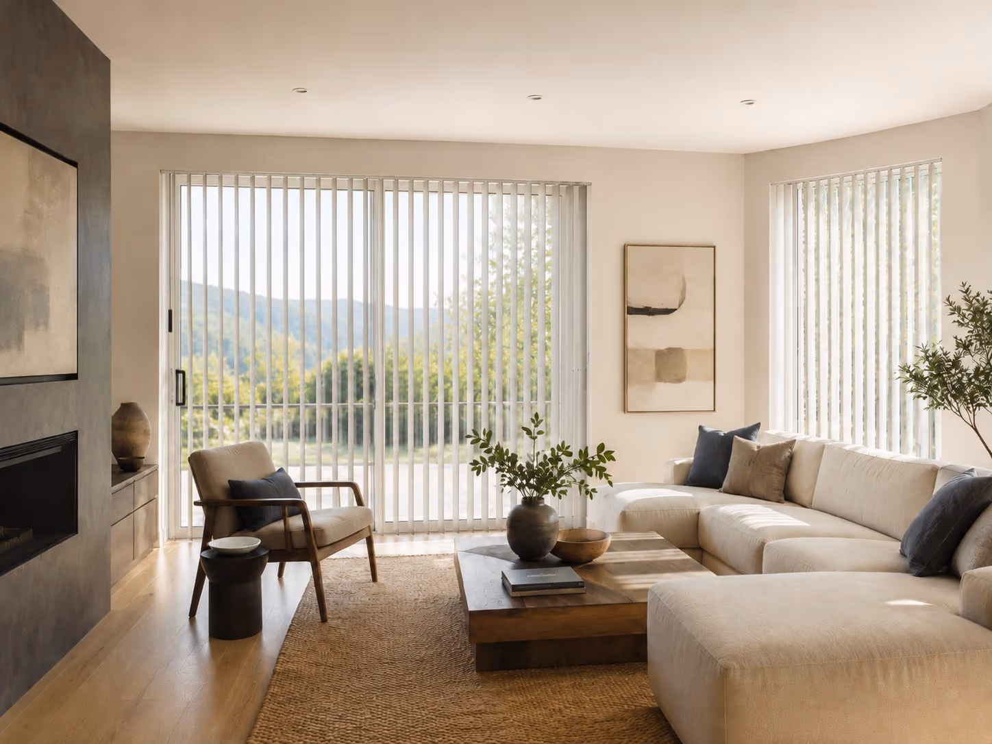 Vertical blinds with rigid louvers and wand control in a bright Sonoma County home — Alta Vertical Blinds installed by Discount Best Blinds of Santa Rosa, CA.