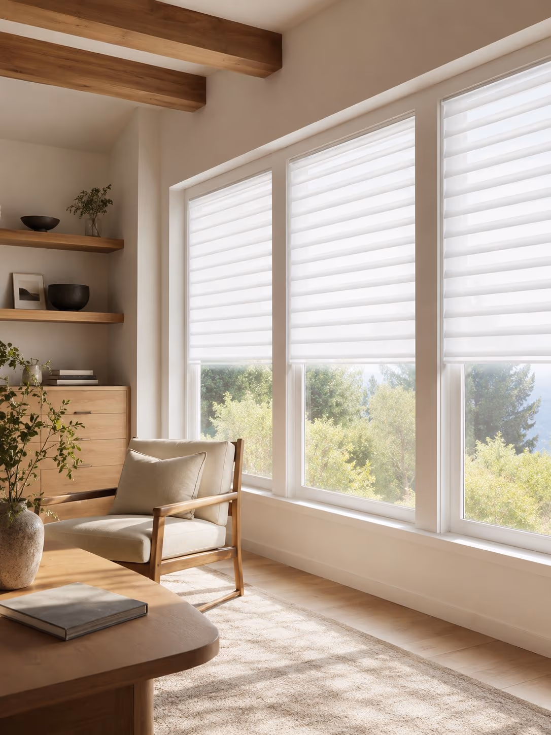 Sheer window shadings with horizontal vanes in a bright Sonoma County home — Alta Window Shadings installed by Discount Best Blinds of Santa Rosa, CA.