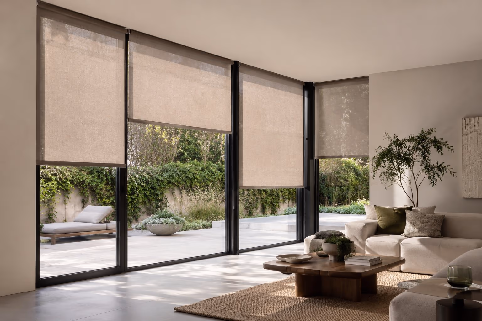 Clean roller and solar-screen shades in a bright Sonoma County home — Designer Roller & Solar Shades installed by Discount Best Blinds of Santa Rosa, CA.