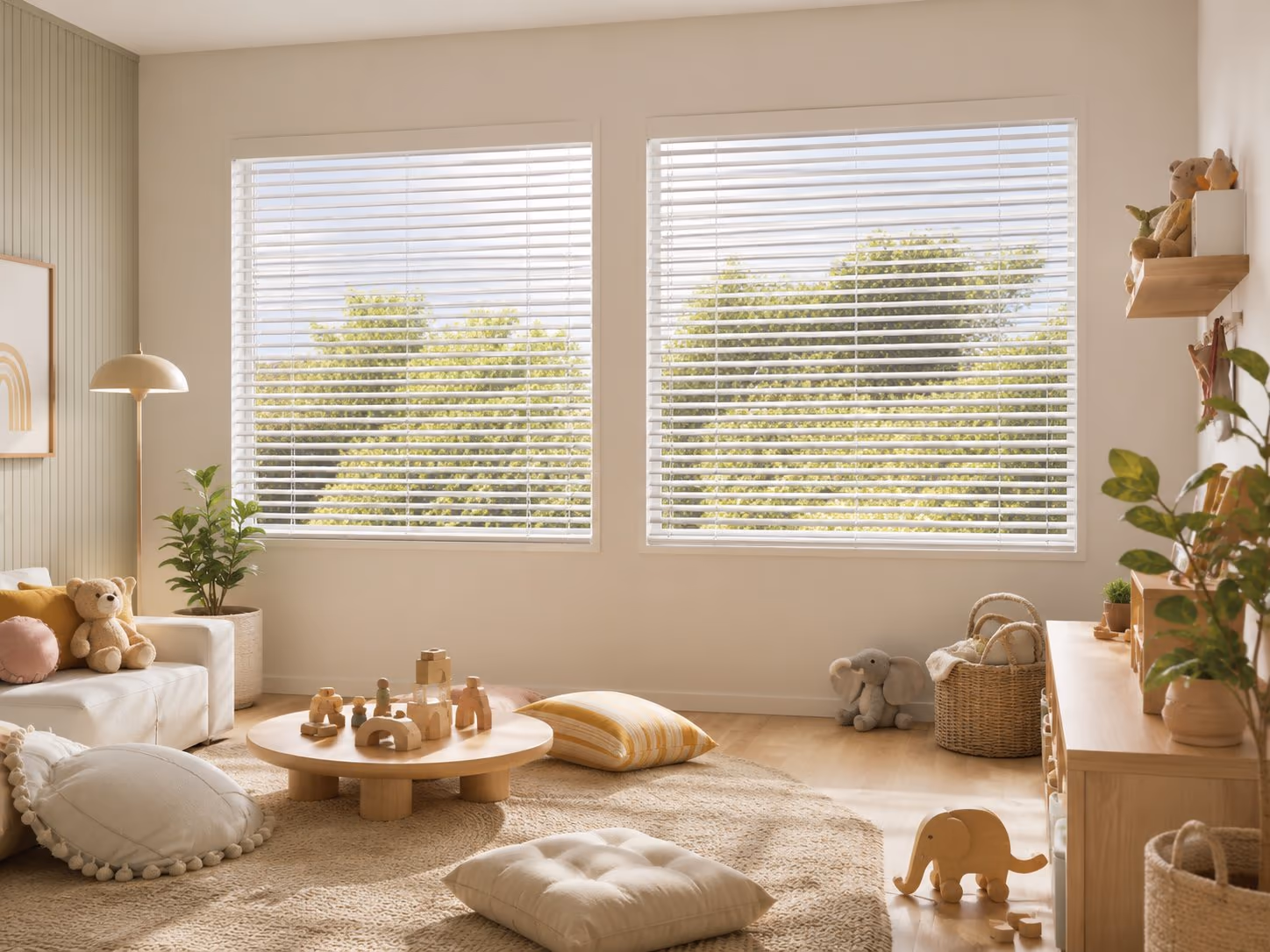 2-inch faux-wood horizontal blinds in a bright Sonoma County home — EverWood Faux-Wood Blinds installed by Discount Best Blinds of Santa Rosa, CA.