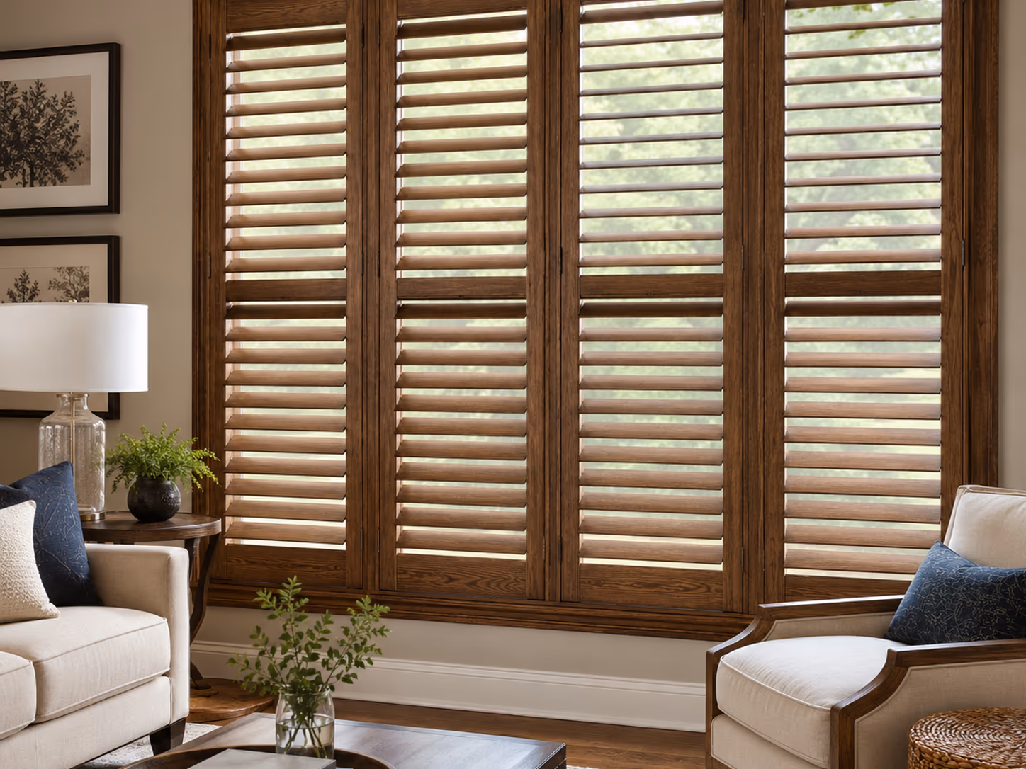Heritance hardwood plantation shutters in natural wood finish