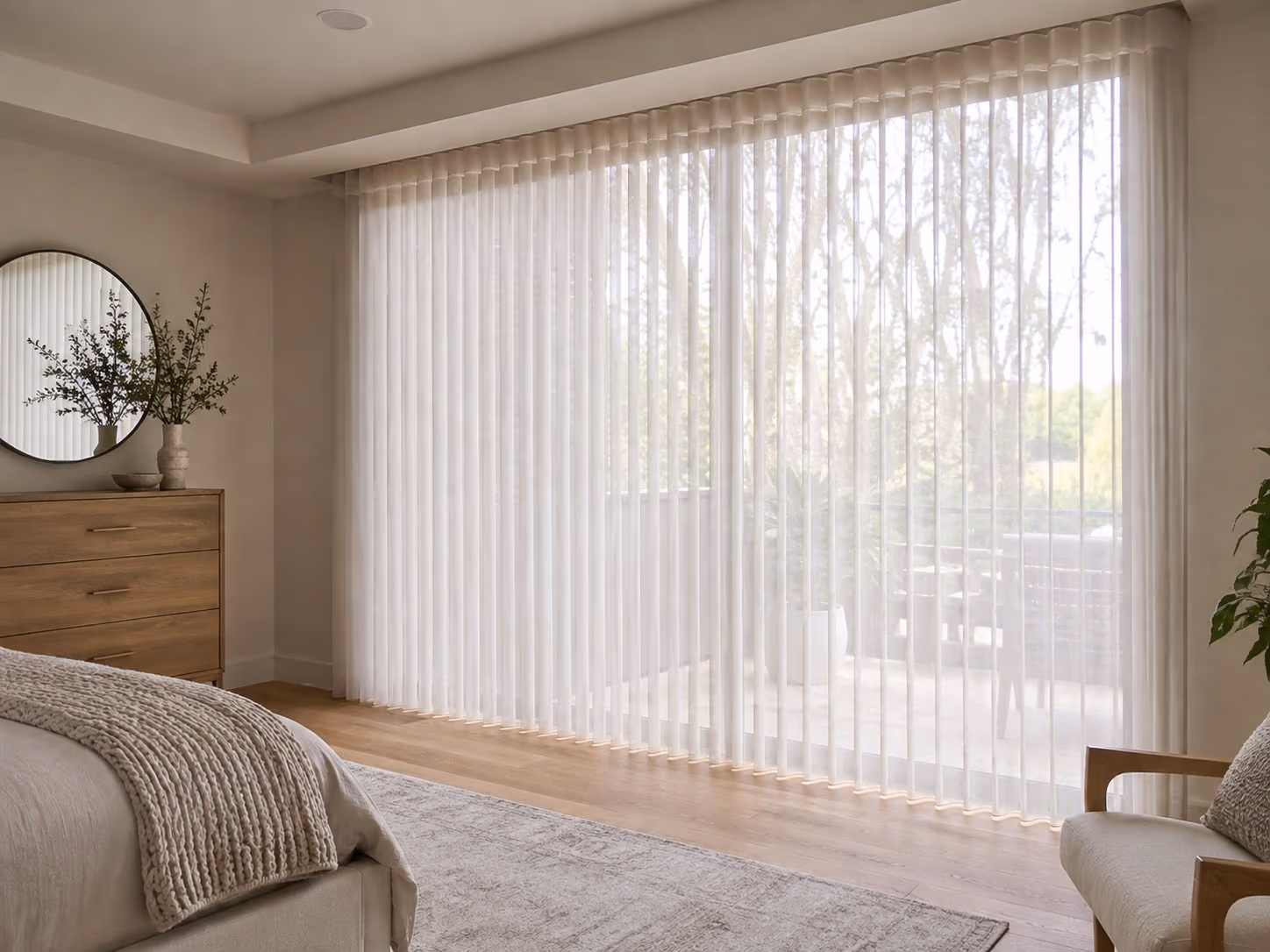 Vertical privacy sheers across a wide window in a bright Sonoma County home — Luminette Privacy Sheers installed by Discount Best Blinds of Santa Rosa, CA.
