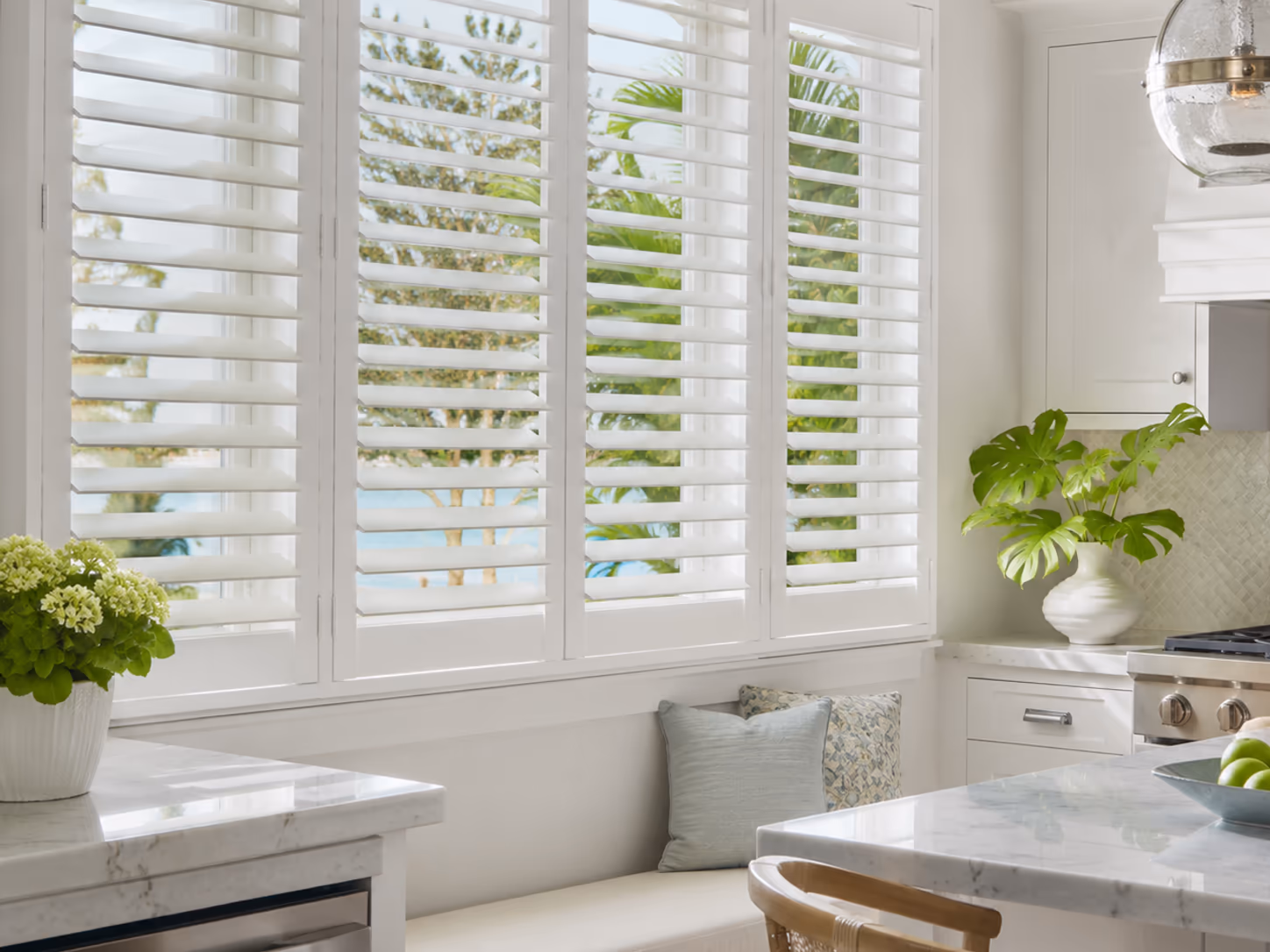 Palm Beach Polysatin vinyl plantation shutters in white