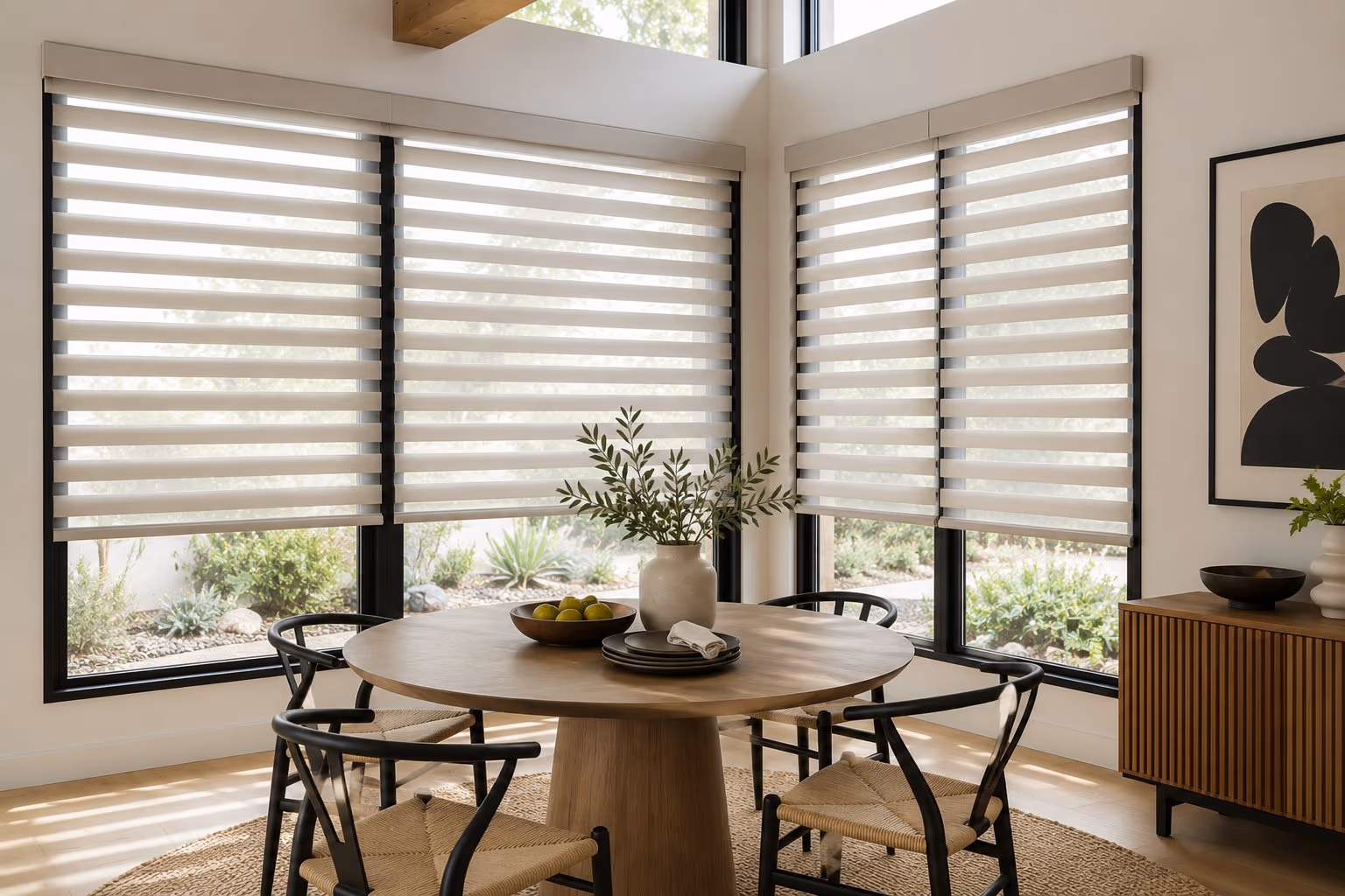 Contoured horizontal fabric vanes over a sheer backing in a bright Sonoma County home — Pirouette Window Shadings installed by Discount Best Blinds of Santa Rosa, CA.
