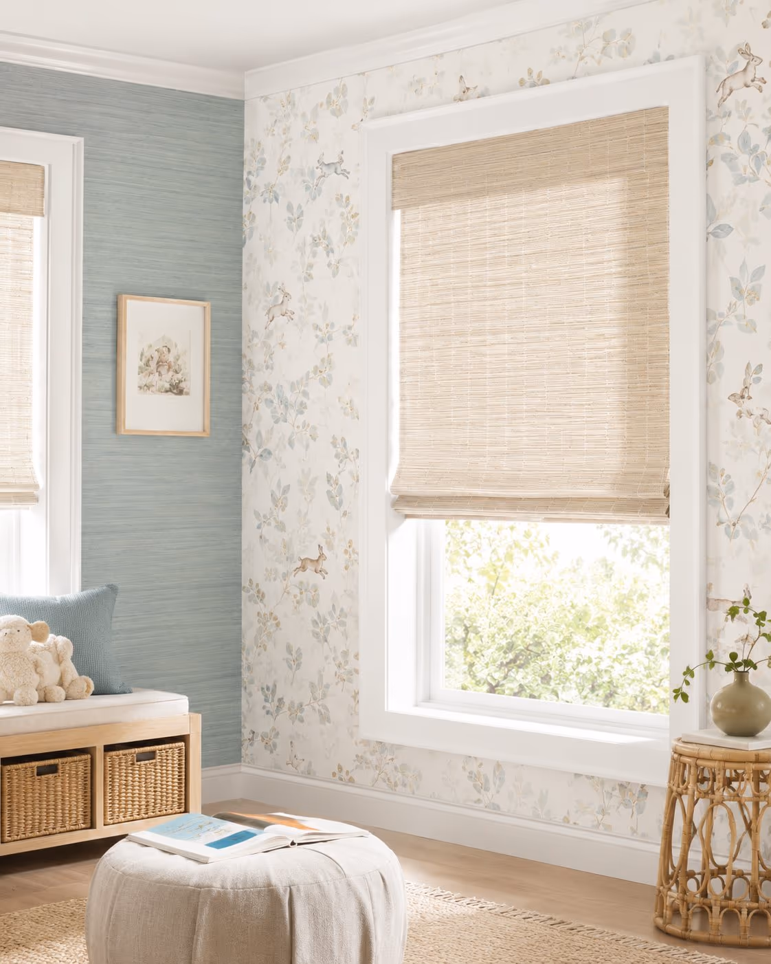 Natural woven wood shades in a bright Sonoma County home — Provenance Woven Wood Shades installed by Discount Best Blinds of Santa Rosa, CA.
