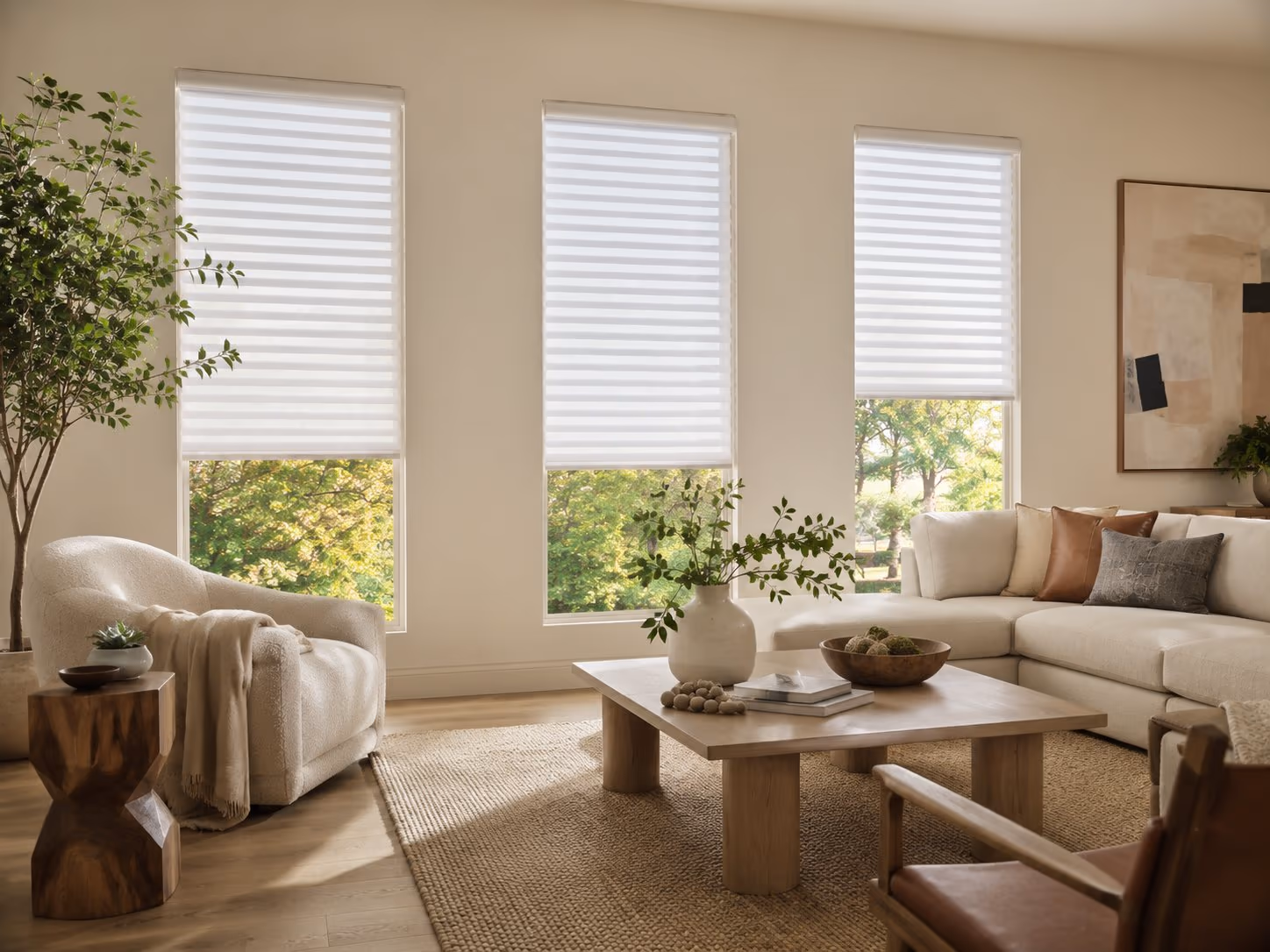 Sheer window shadings with soft fabric vanes in a bright Sonoma County home — Silhouette Window Shadings installed by Discount Best Blinds of Santa Rosa, CA.