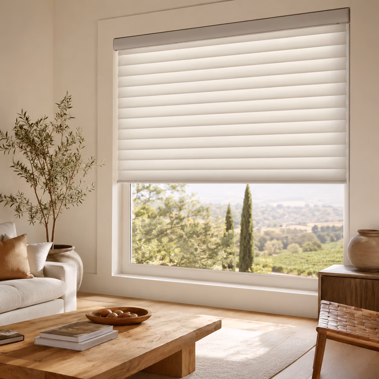 Two-inch cellular rows on a rounded roller cassette, lowered over a bedroom window with open hills beyond — Sonnette Cellular Roller Shades installed by Discount Best Blinds of Santa Rosa, CA.