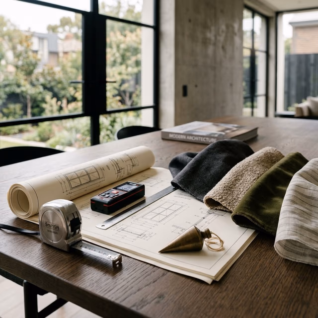 Phil D. Skikos presenting designer fabric samples and window treatment options to clients during an in-home consultation in Sonoma County