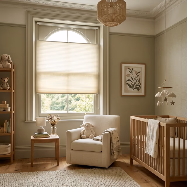 Discount Best Blinds and Shutters child-safe cordless cellular shades filtering soft daylight in a modern nursery, WCMA Best for Kids certified, Windsor CA