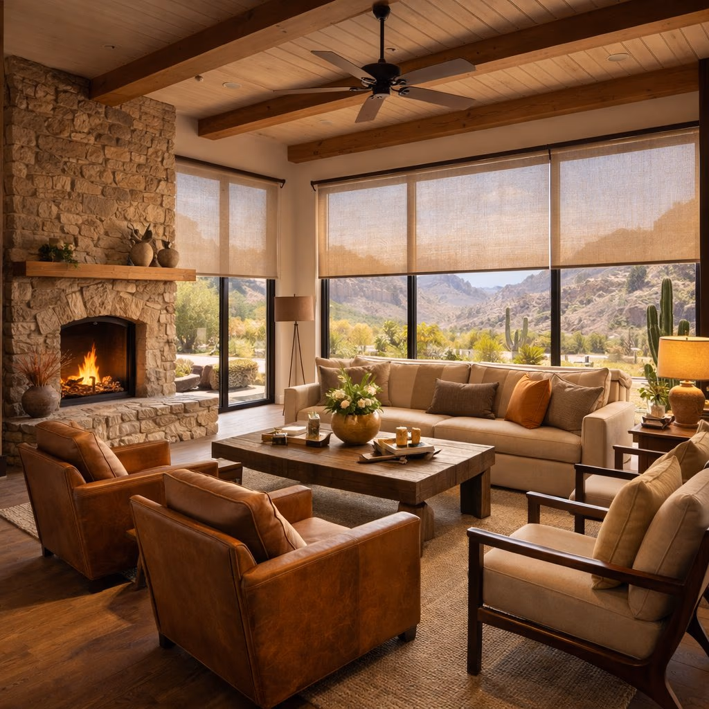 Discount Best Blinds and Shutters SHGC 0.17 solar shades managing extreme upper-valley 100°F heat exposure beside a stone fireplace in a Calistoga ranch estate near Indian Springs, Calistoga CA 94515