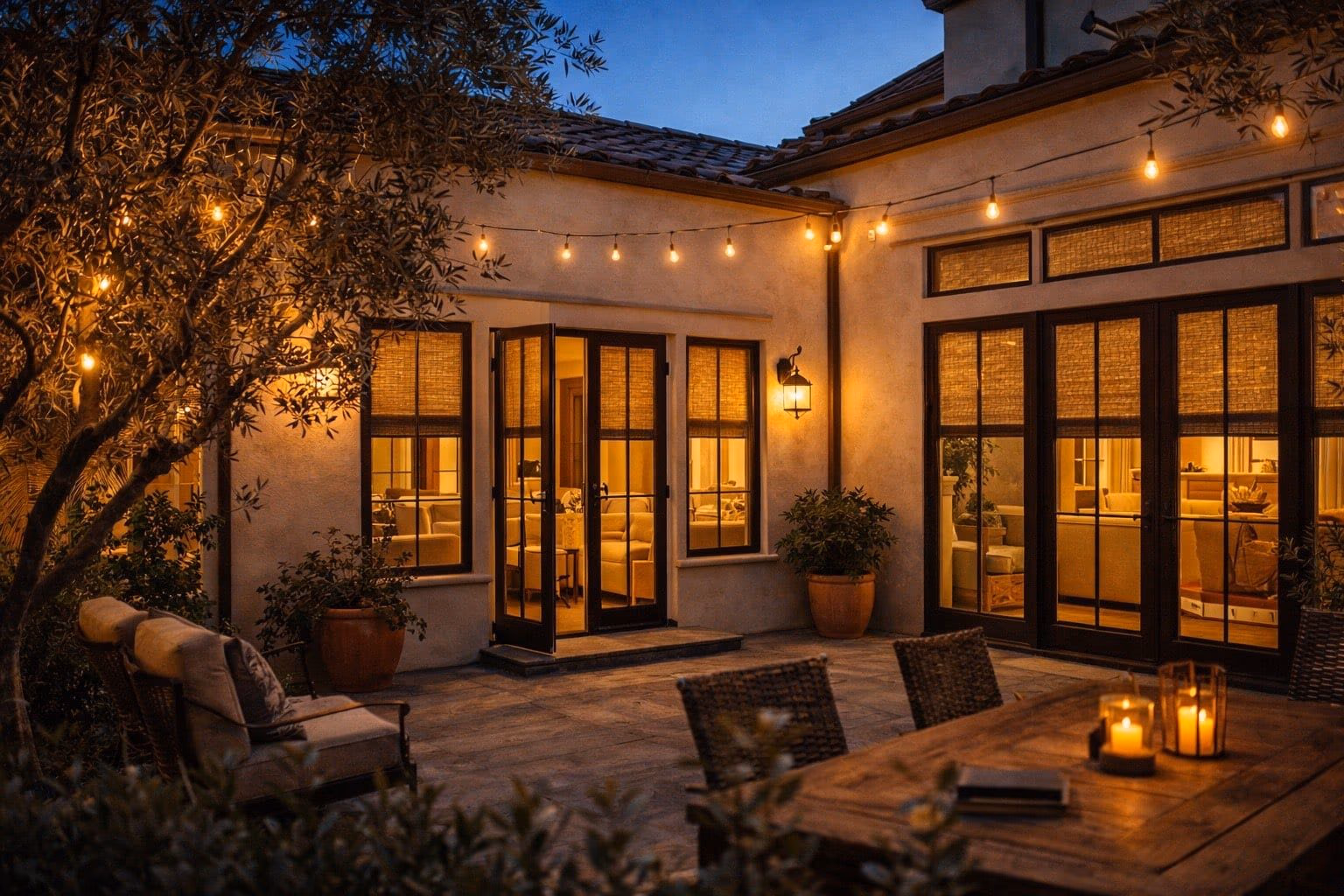 Discount Best Blinds and Shutters Hartmann and Forbes woven wood shades with candlelight ambiance in a Healdsburg Plaza courtyard residence near Montage Healdsburg and The Madrona, Healdsburg CA 95448