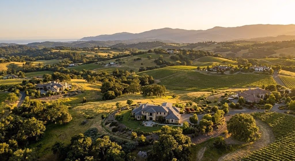 Discount Best Blinds and Shutters handwoven natural fiber shades on a Mediterranean courtyard exterior across Sonoma County wine country estates, Sonoma County CA