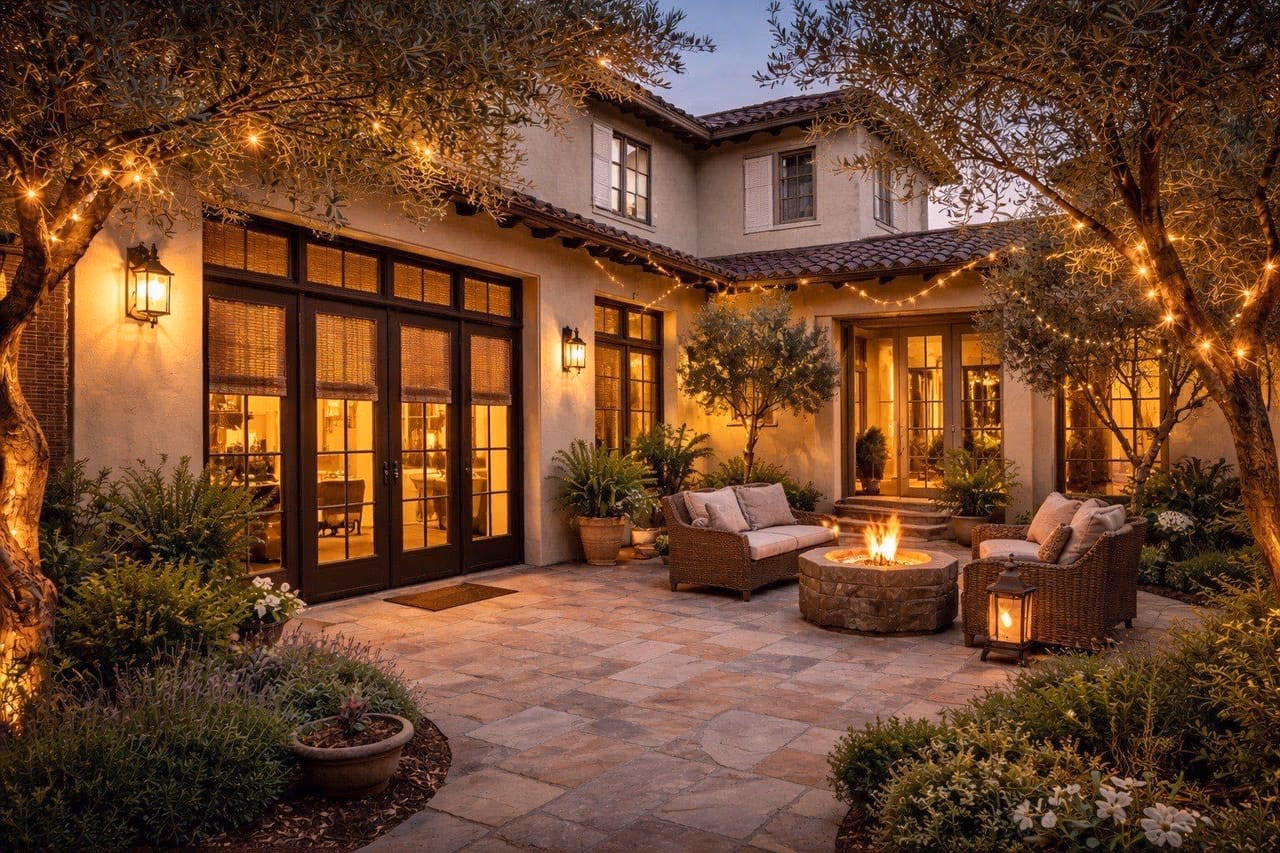 Discount Best Blinds and Shutters luxury window treatments illuminating a Mediterranean-style courtyard evening setting near Brooks Creek Trail greenbelt, Santa Rosa CA 95407