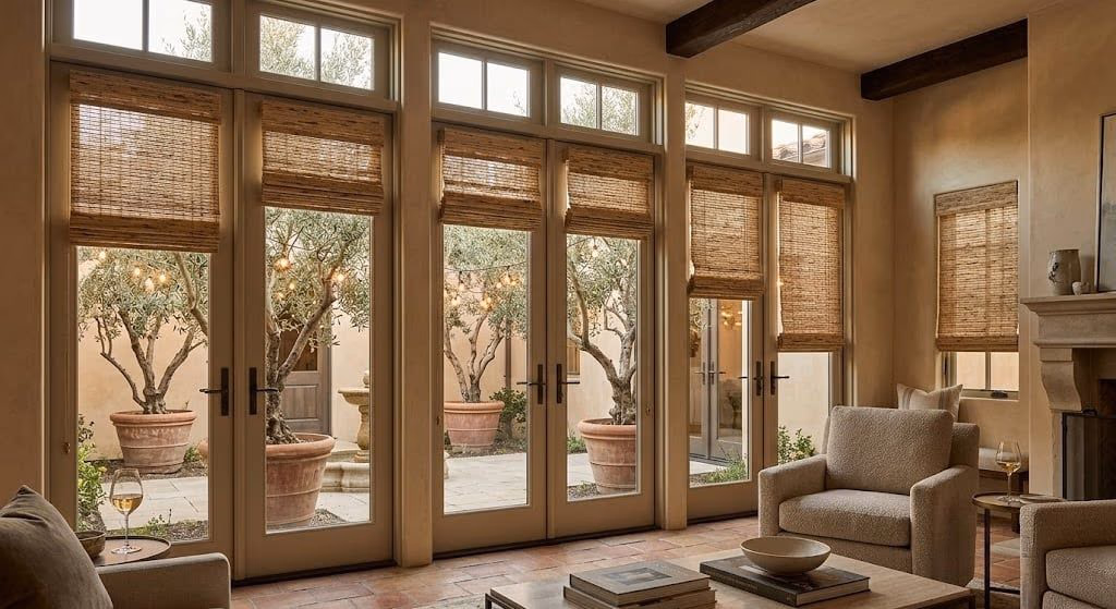 Hunter Douglas woven bamboo Roman shades in a Healdsburg Mediterranean courtyard, installed by Discount Best Blinds and Shutters