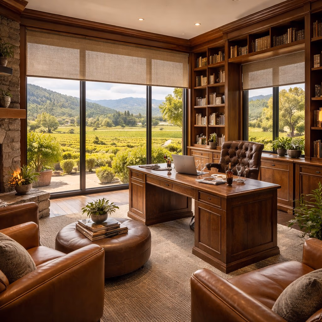 Discount Best Blinds and Shutters motorized solar shades with sun-tracking automation on vineyard-facing study windows in an estate along Warm Springs Road near Landmark Vineyards, Kenwood CA 95452
