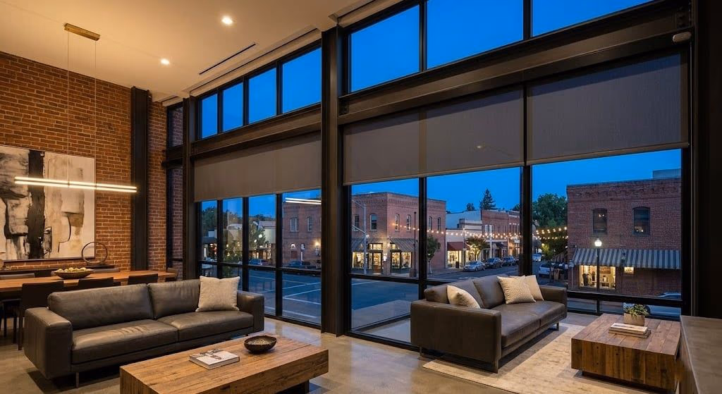 Hunter Douglas motorized roller shades architectural integration in Mill District loft with floor-to-ceiling windows for Sonoma County trade professionals