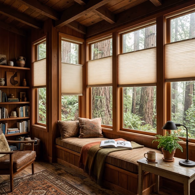 Discount Best Blinds and Shutters Duette Architella honeycomb shades with R-7.0 insulation on a cozy window seat managing redwood canopy shade and fog moisture in a Blithedale Canyon residence, Mill Valley CA 94941