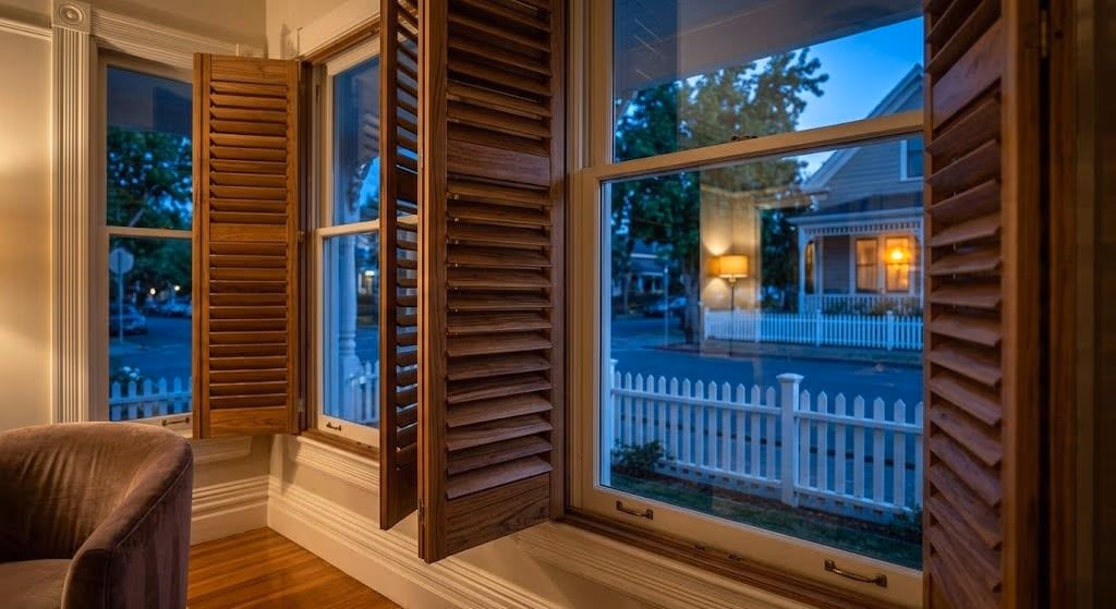Discount Best Blinds and Shutters period-accurate walnut plantation shutters with hidden tilt rod matching original millwork in a Johnson Street Historic District home, Healdsburg CA 95448