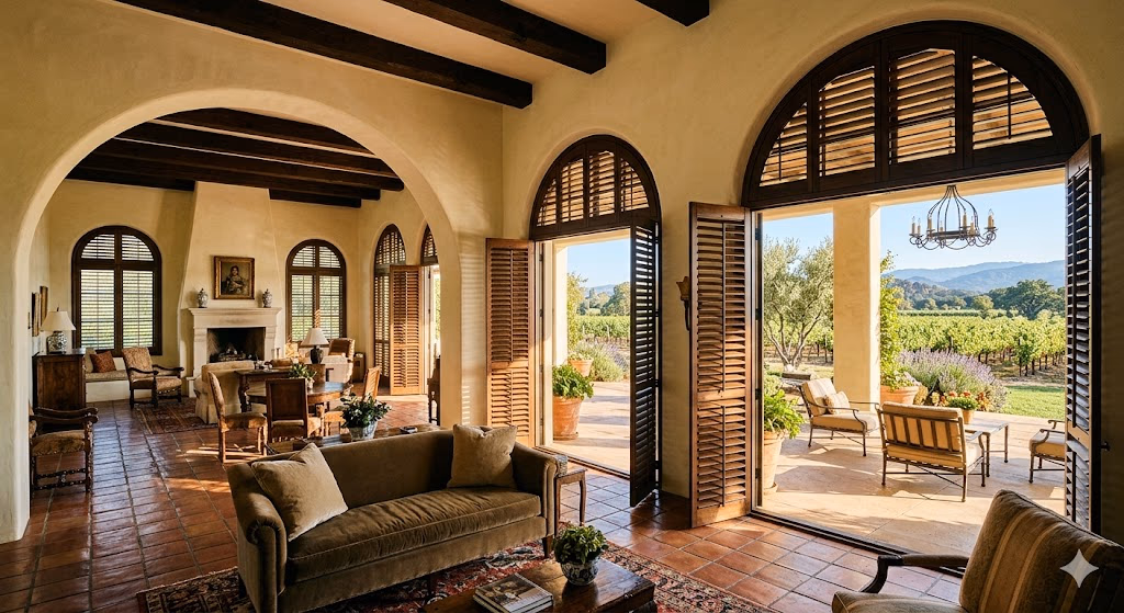 Discount Best Blinds and Shutters period-accurate plantation shutters with hidden tilt rod complementing Spanish Colonial terracotta tile and adobe walls near Sonoma Plaza and Mission San Francisco Solano, Sonoma CA 95476