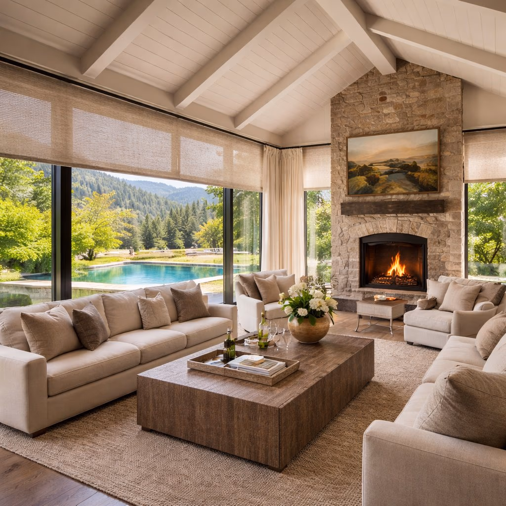 Discount Best Blinds and Shutters whole-home Hunter Douglas PowerView motorized shades with sun-tracking automation in a Meadowood-adjacent estate living room with pool and vineyard panorama, St Helena CA 94574