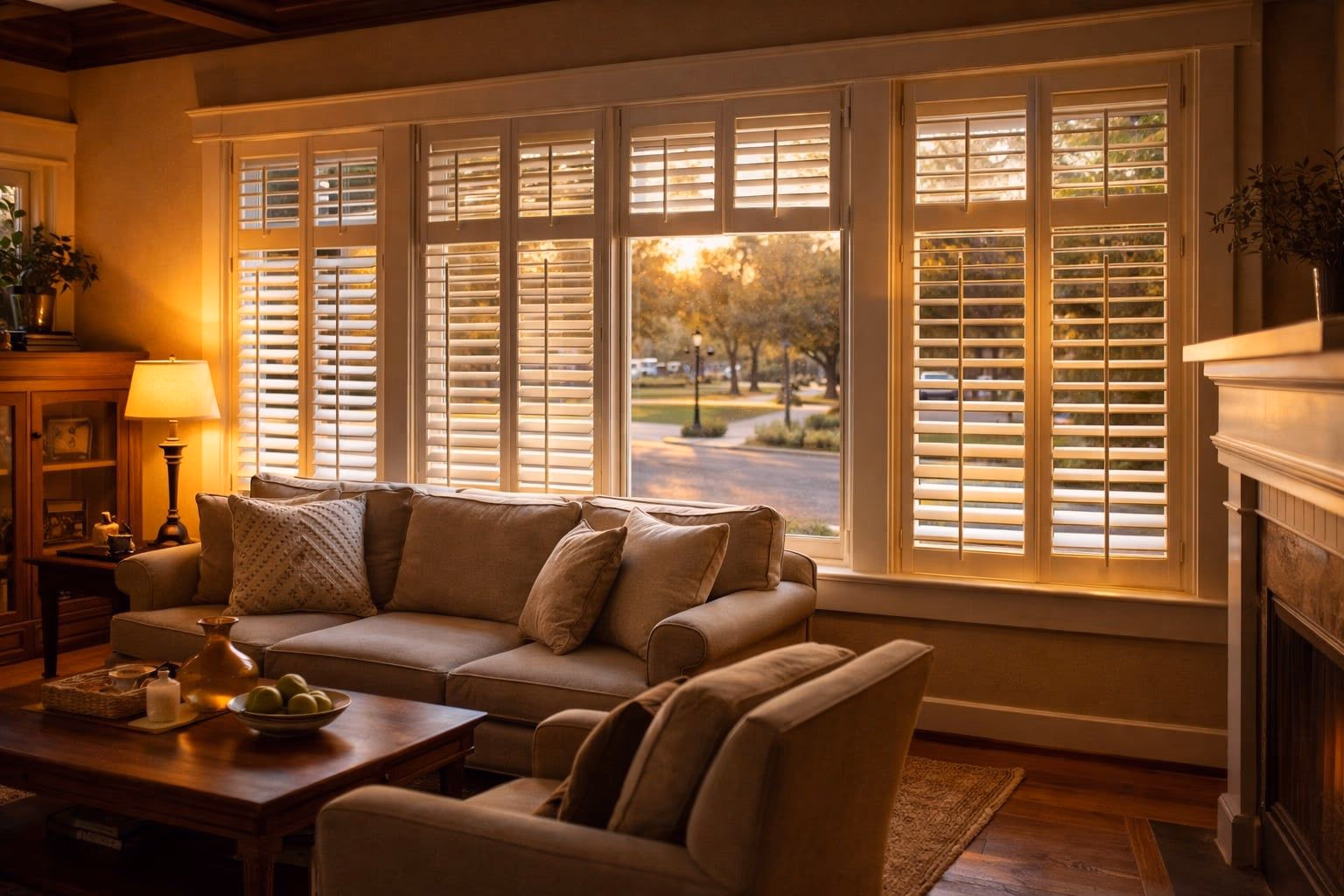 Discount Best Blinds and Shutters custom plantation shutters casting warm sunset light through 3.5-inch basswood louvers in a craftsman bungalow near Windsor Town Green CA 95492