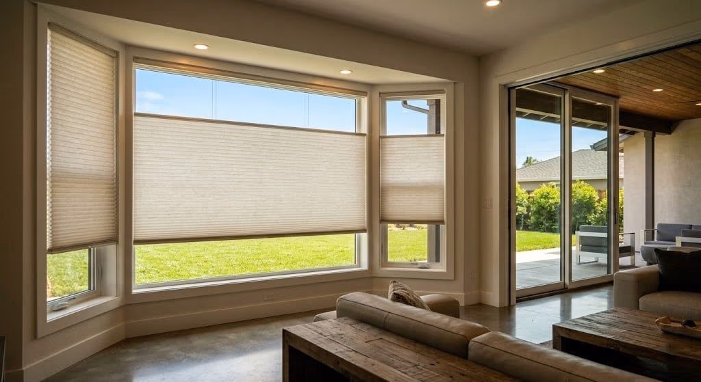Discount Best Blinds and Shutters Hunter Douglas honeycomb cellular shades with R-7.0 insulation installed on bay windows of a modern California ranch home in Santa Rosa CA 95407