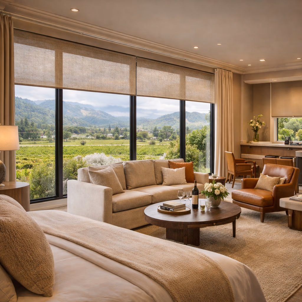Discount Best Blinds and Shutters sub-25 dBA Quiet Tech motorized shades with PowerView Gen 3 automation in a Yountville boutique hospitality suite overlooking vineyard rows near Bardessono, Yountville CA 94599