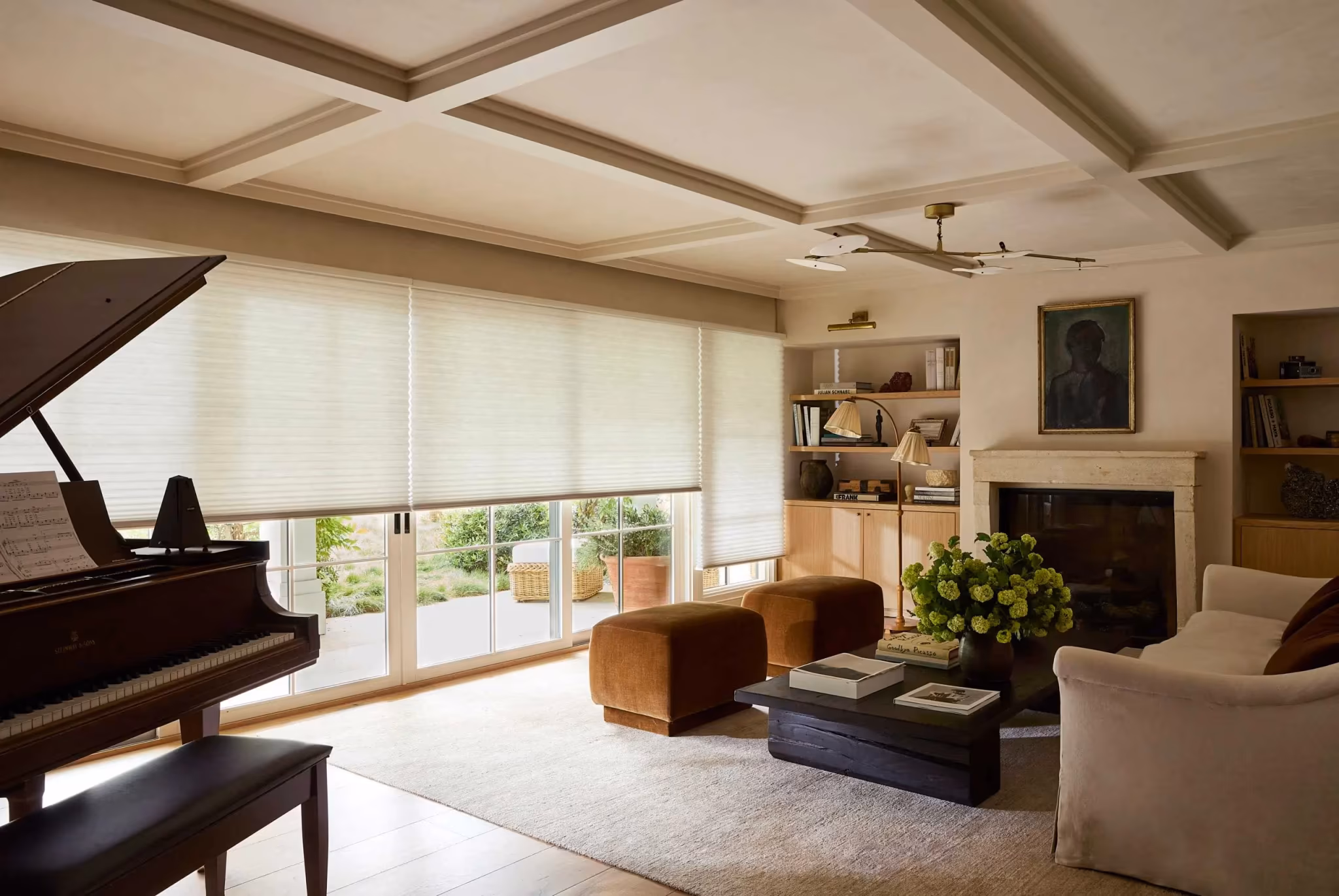 Hunter Douglas cellular shades UV protection for art and grand piano in Sonoma County home