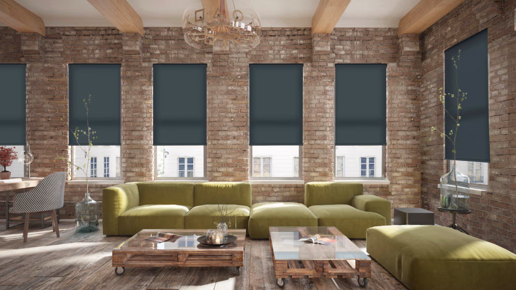 Hunter Douglas Conrad roller shades architectural integration in exposed brick loft with charcoal fabric for Sonoma County trade professionals