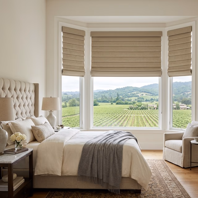 Hunter Douglas Alustra Woven Textures Roman shades with organic flax-toned fabric and contoured battens with exclusive brushed nickel hardware in a luxury master suite overlooking wine country, installed by Discount Best Blinds and Shutters Healdsburg CA 95448
