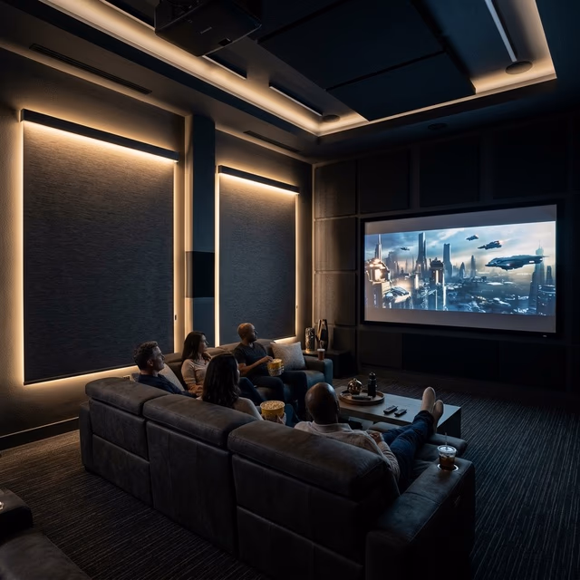 Hunter Douglas Aura illuminated shades providing soft LED bias lighting in a modern home theater media room with room-darkening fabric and PowerView Gen 3 automation, installed by Discount Best Blinds and Shutters Santa Rosa CA 95404