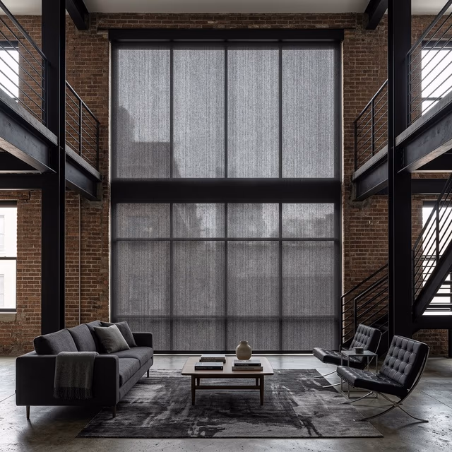 Conrad Original architectural roller shades in charcoal performance fabric spanning oversized 16-foot-wide window in dramatic double-height loft with exposed brick walls steel beams and concealed bracket mounting, installed by Discount Best Blinds and Shutters Santa Rosa CA 95404