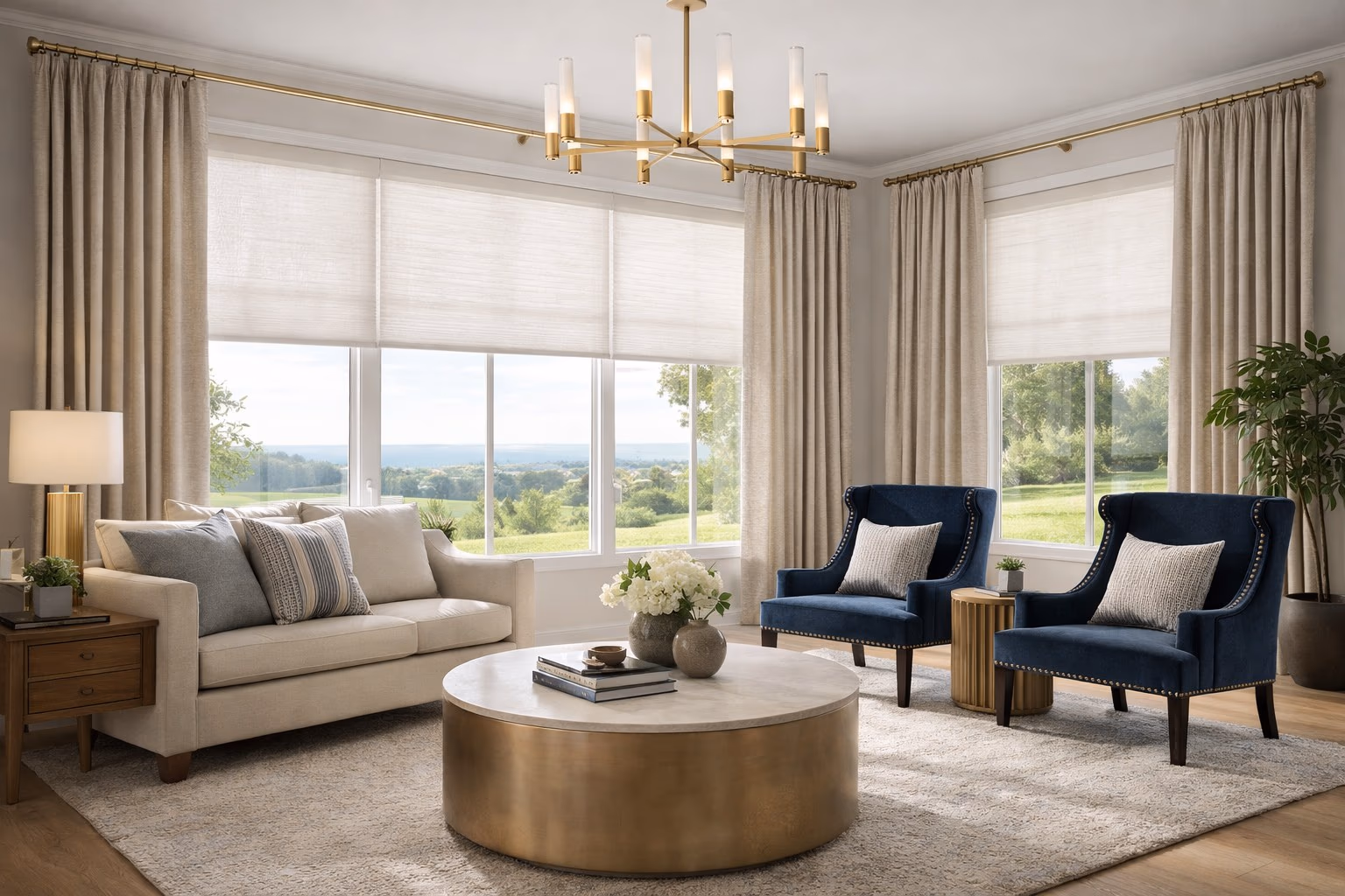 Custom linen drapery panels layered with Hunter Douglas Designer Roller Shades in a luxury living room with brass chandelier, installed by Discount Best Blinds and Shutters Sonoma County