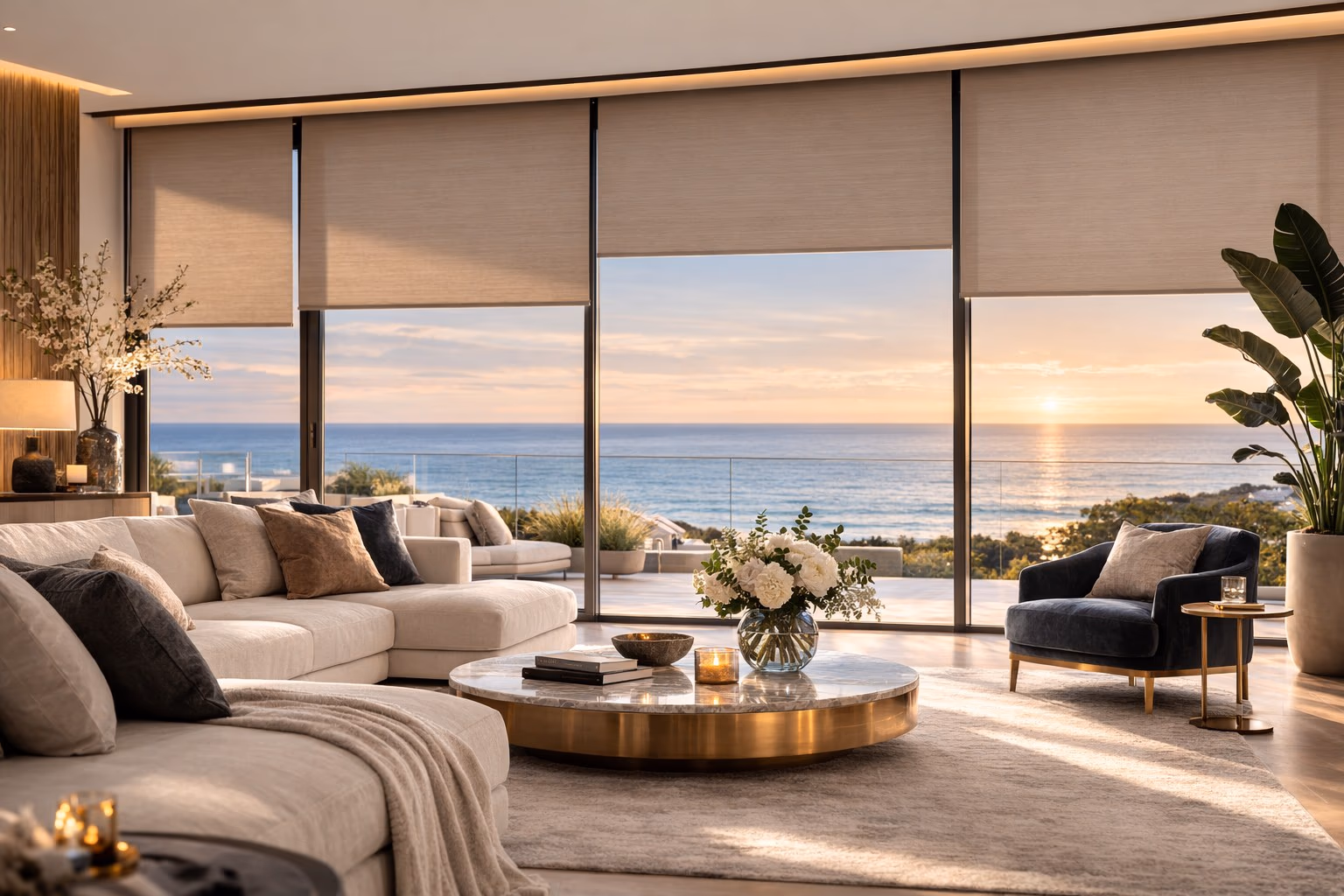 Hunter Douglas Designer Roller Shades in neutral fabric filtering golden sunset light in a coastal living room with panoramic Pacific Ocean views, installed by Discount Best Blinds and Shutters