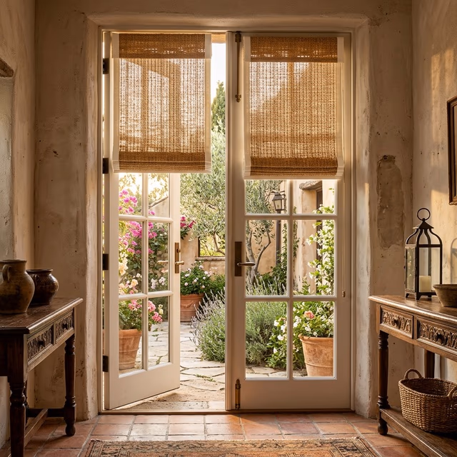 Hartmann and Forbes handwoven natural fiber shades in warm honey-toned jute weave with fabric tape edge binding on tall French doors opening to Mediterranean courtyard garden, installed by Discount Best Blinds and Shutters Healdsburg CA 95448