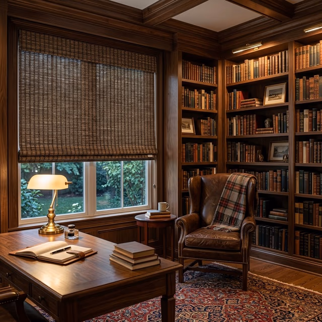Hartmann and Forbes woven wood shades in dark bamboo and sea grass tight-weave in sophisticated home study library with leather wingback chair and brass desk lamp, sustainably sourced low-VOC materials, installed by Discount Best Blinds and Shutters Healdsburg CA 95448