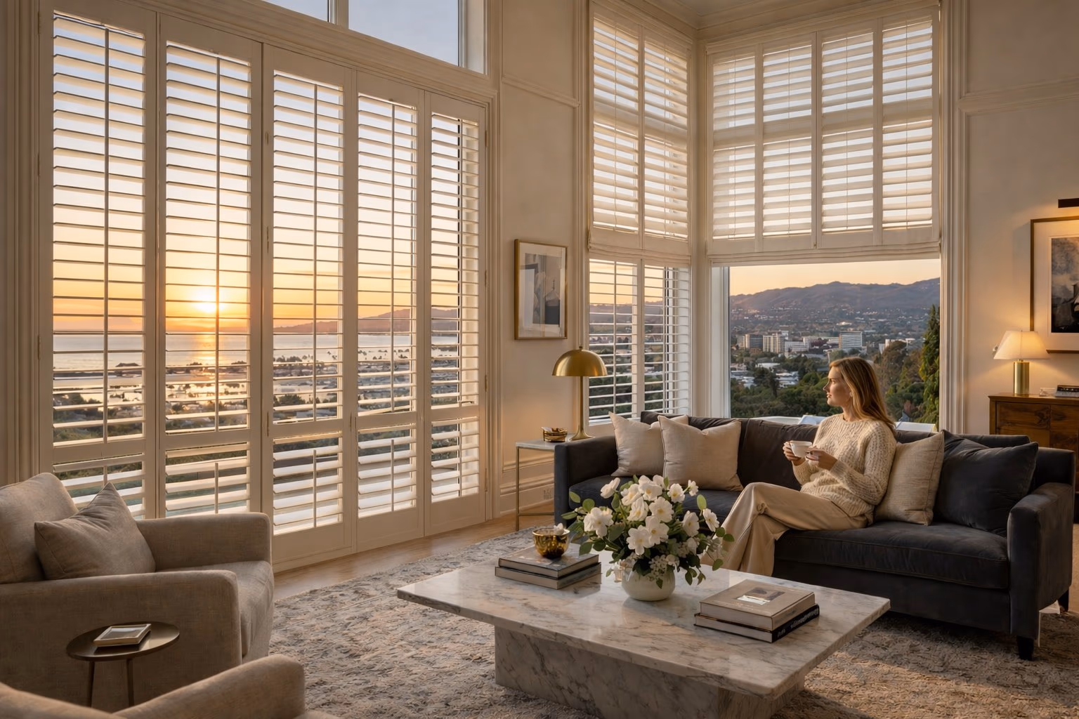 Hunter Douglas Heritance Hardwood Shutters with wide louvers in a luxury living room at sunset with panoramic bay and mountain views, installed by Discount Best Blinds and Shutters