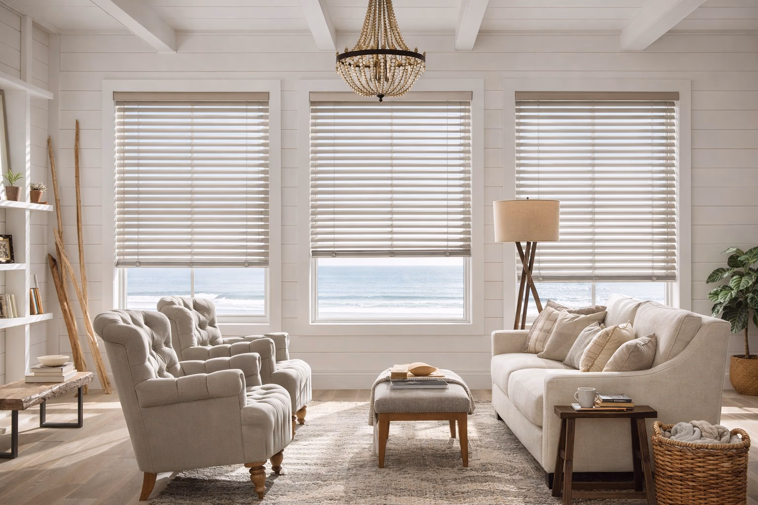 Hunter Douglas Silhouette Window Shadings with soft S-shaped vanes diffusing natural light in a white coastal living room with ocean views and beaded chandelier, installed by Discount Best Blinds and Shutters