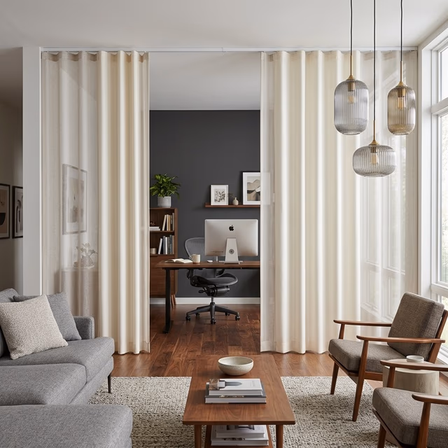 Hunter Douglas Skyline Gliding Window Panels as architectural room divider separating home office from living area with alternating solid and translucent linen fabric panels on ceiling-mounted track, installed by Discount Best Blinds and Shutters Santa Rosa CA 95407