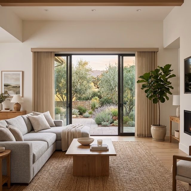 Hunter Douglas Somner custom vertical blinds in warm linen-textured fabric with split-stack configuration on wide sliding glass door revealing Northern California backyard with olive trees, installed by Discount Best Blinds and Shutters Santa Rosa CA 95407