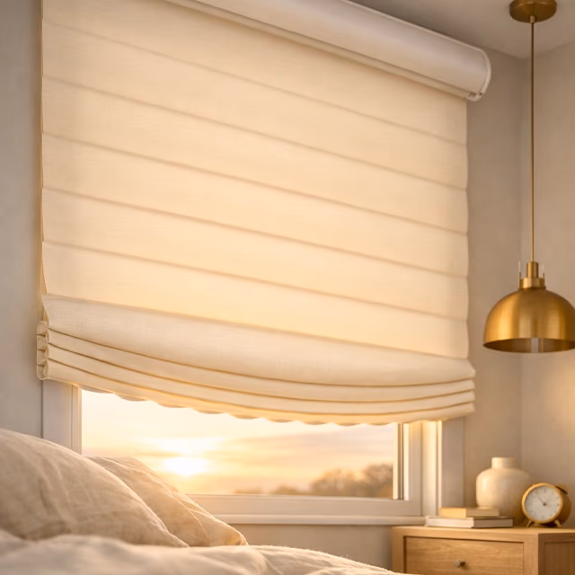 Hunter Douglas Sonnette cellular roller shades with curved honeycomb profile and compact cassette headrail filtering soft morning light in a minimalist Scandinavian bedroom with linen bedding and brass pendant, installed by Discount Best Blinds and Shutters Santa Rosa CA 95407