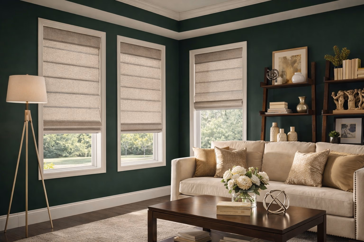 Hunter Douglas Vignette Modern Roman Shades with clean horizontal folds on three windows in an elegant emerald green living room with gold accents, installed by Discount Best Blinds and Shutters