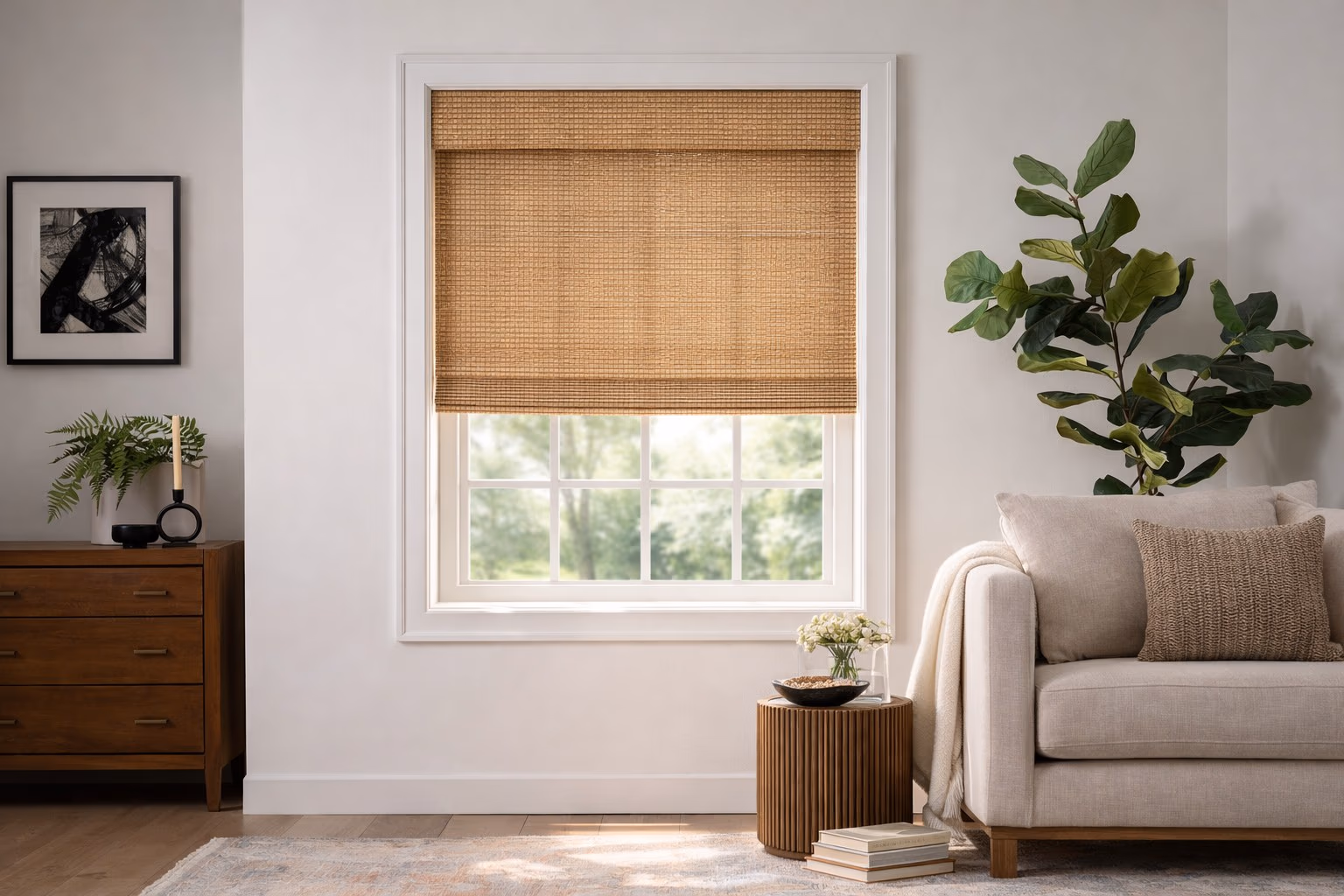 Hunter Douglas Provenance Woven Wood Shade in a minimalist living room with fiddle leaf fig plant and modern furnishings, installed by Discount Best Blinds and Shutters