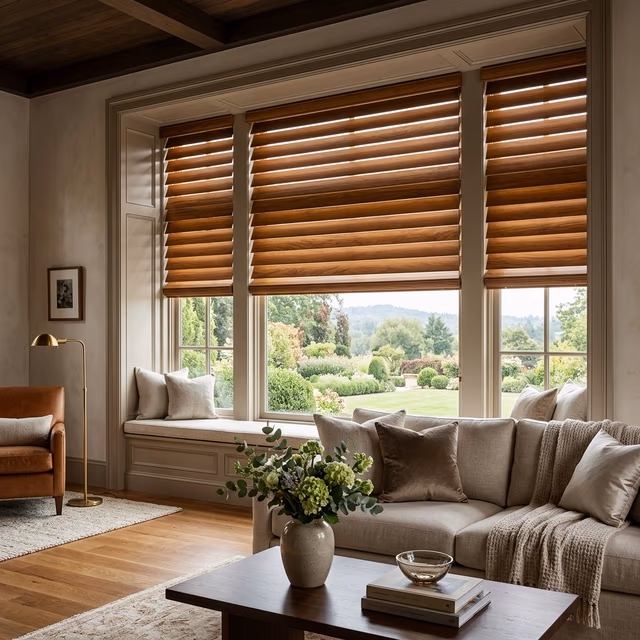 Parkland® and EverWood® Blinds - custom window treatment installed in a Sonoma County home by Discount Best Blinds and Shutters, Santa Rosa CA 95407